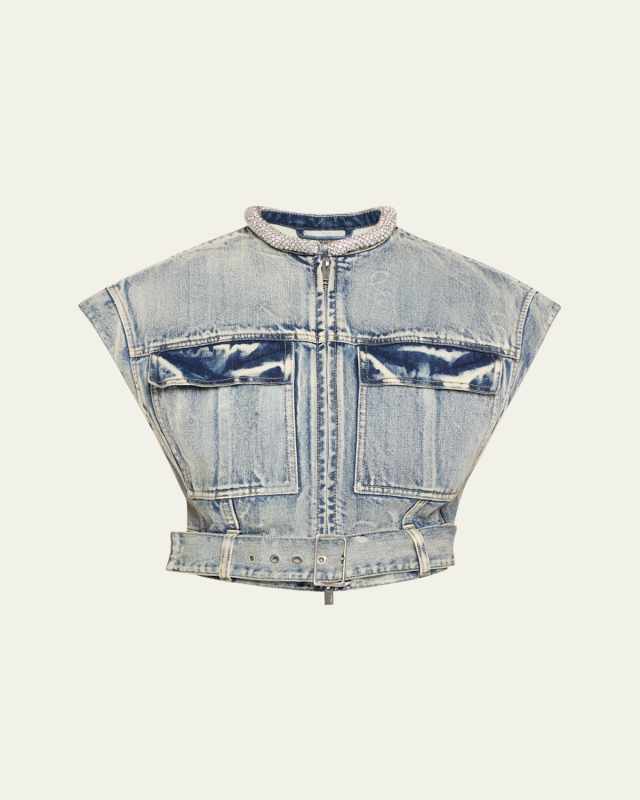 Crystal-Neck Denim Crop Vest
